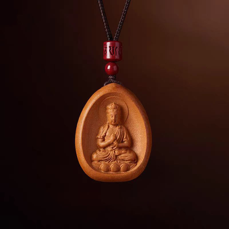 Wear FengShui Peach Wood Cinnabar Om Mani Padme Hum Chinese Zodiac Black String Necklace Pendants
