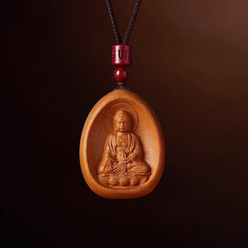 Wear FengShui Peach Wood Cinnabar Om Mani Padme Hum Chinese Zodiac Black String Necklace Pendants