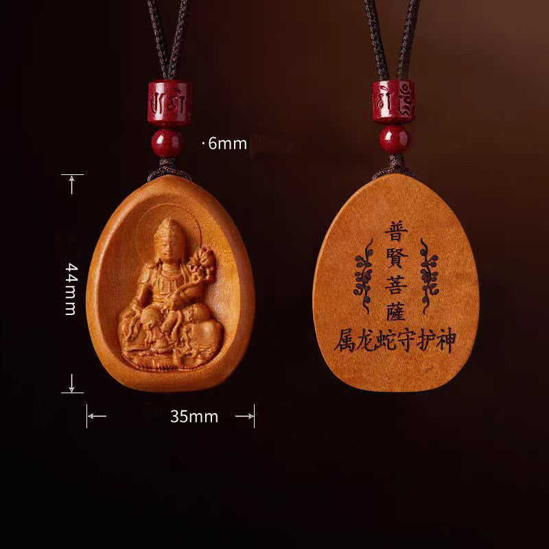 Wear FengShui Peach Wood Cinnabar Om Mani Padme Hum Chinese Zodiac Black String Necklace Pendants