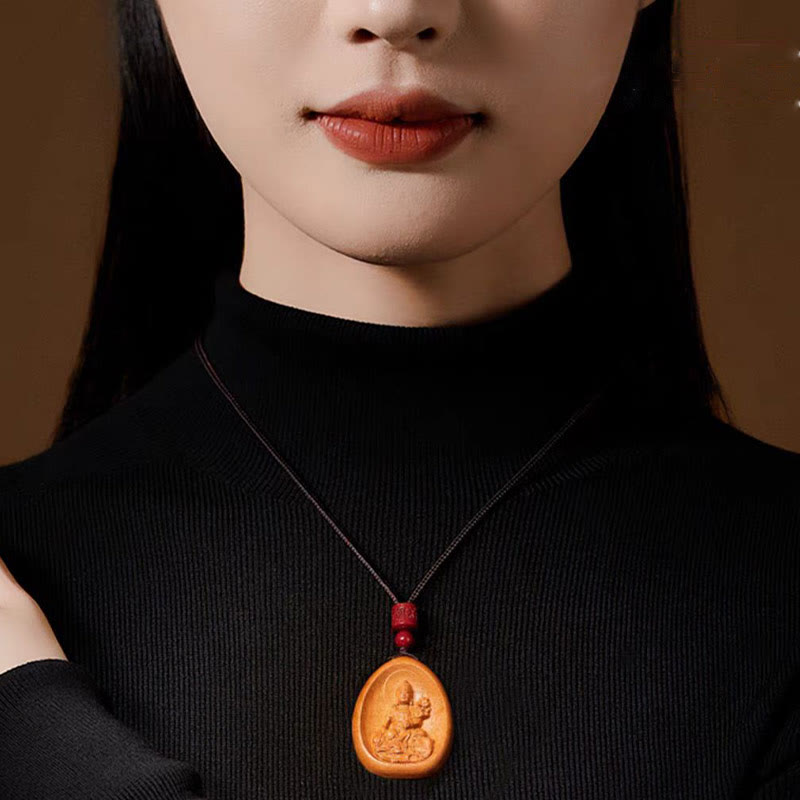Wear FengShui Peach Wood Cinnabar Om Mani Padme Hum Chinese Zodiac Black String Necklace Pendants