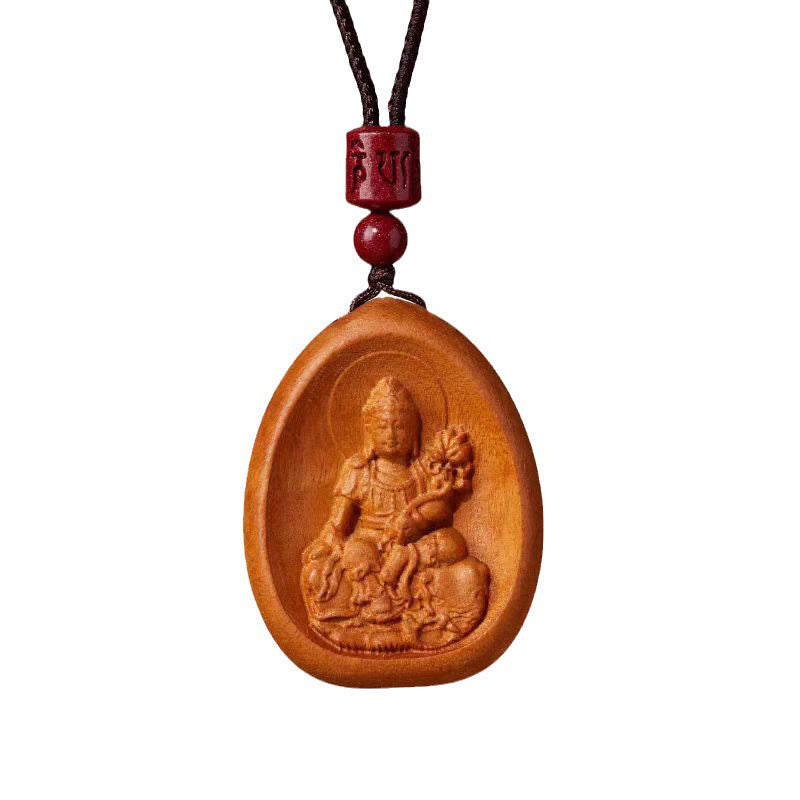 Wear FengShui Peach Wood Cinnabar Om Mani Padme Hum Chinese Zodiac Black String Necklace Pendants