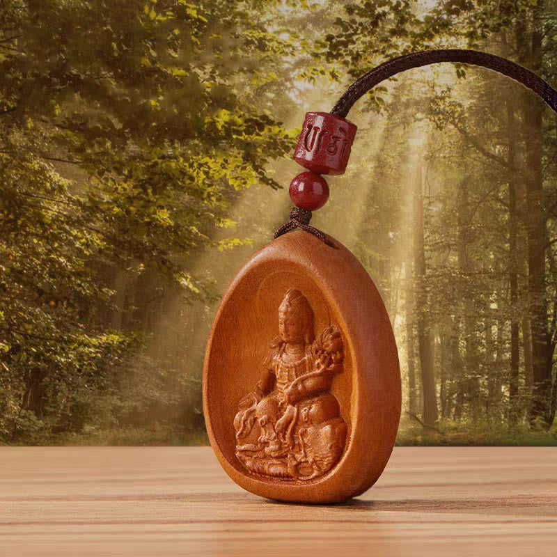 Wear FengShui Peach Wood Cinnabar Om Mani Padme Hum Chinese Zodiac Black String Necklace Pendants