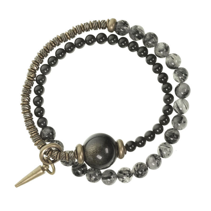 Wear FengShui Gold Sheen Obsidian Black Rutilated Quartz Copper Brass Double Wrap Protection Bracelet