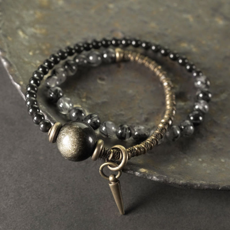 Wear FengShui Gold Sheen Obsidian Black Rutilated Quartz Copper Brass Double Wrap Protection Bracelet