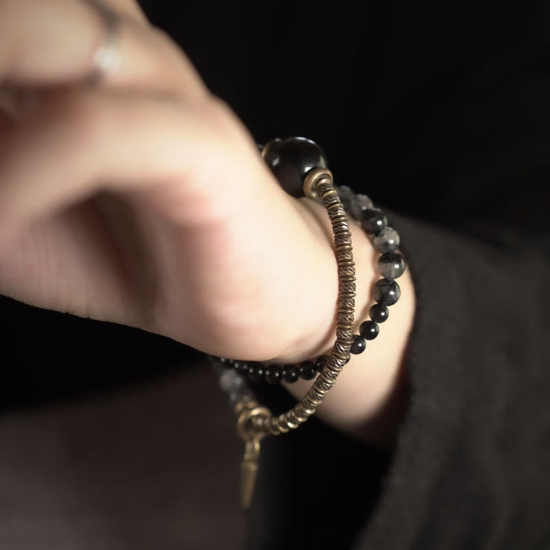 Wear FengShui Gold Sheen Obsidian Black Rutilated Quartz Copper Brass Double Wrap Protection Bracelet