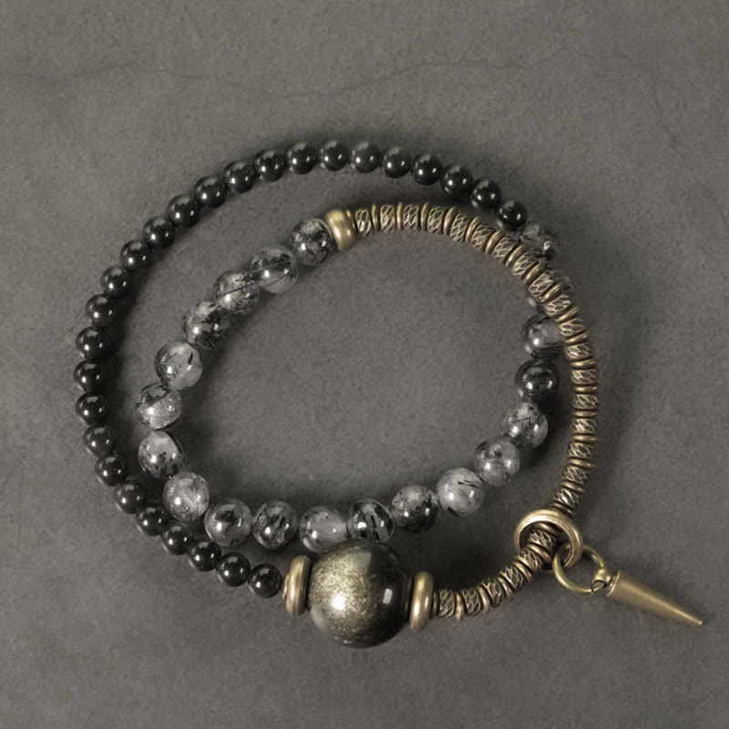Wear FengShui Gold Sheen Obsidian Black Rutilated Quartz Copper Brass Double Wrap Protection Bracelet