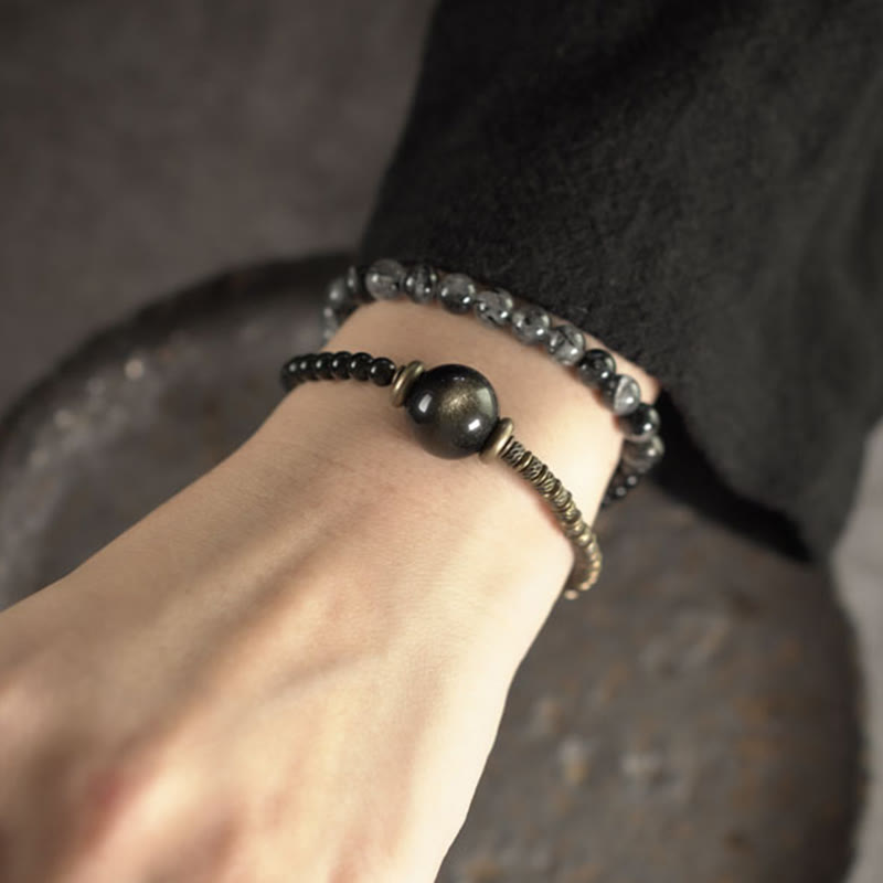 Wear FengShui Gold Sheen Obsidian Black Rutilated Quartz Copper Brass Double Wrap Protection Bracelet