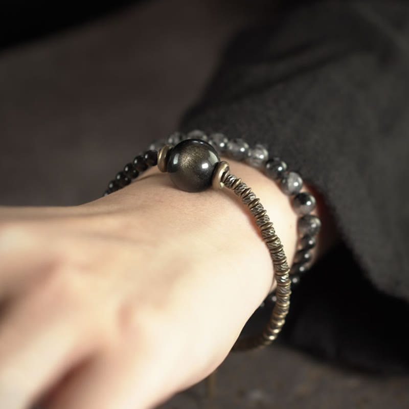 Wear FengShui Gold Sheen Obsidian Black Rutilated Quartz Copper Brass Double Wrap Protection Bracelet