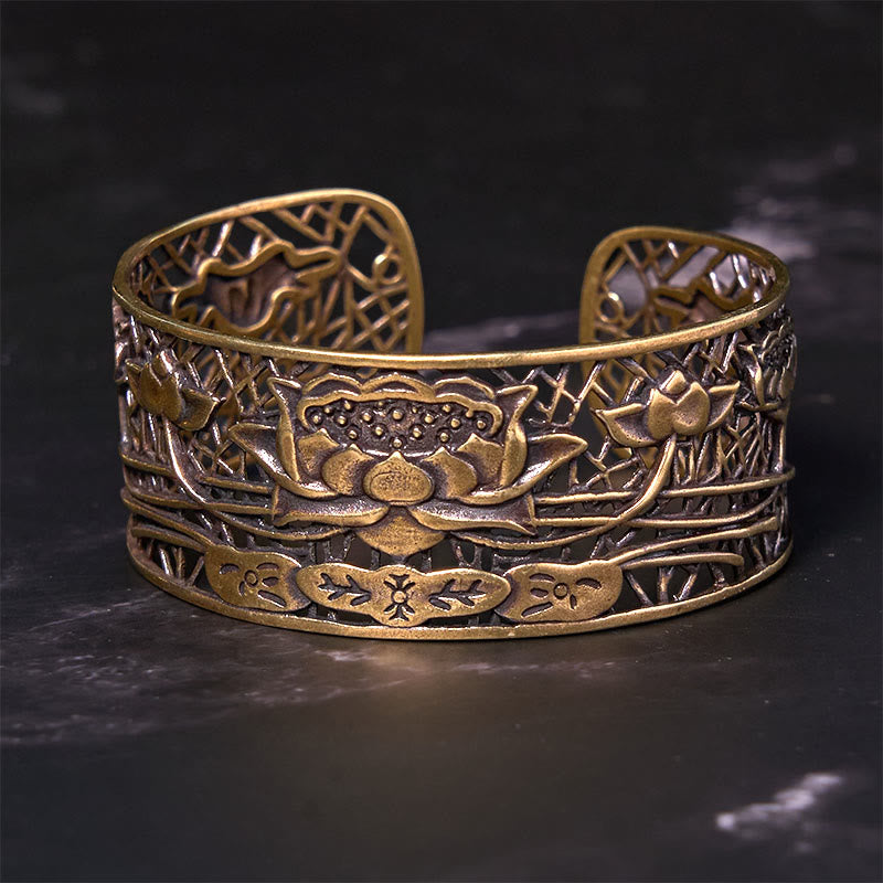 Wear FengShui Hollow Lotus Silver Plated Copper Healing Enlightenment Bracelet Bangle