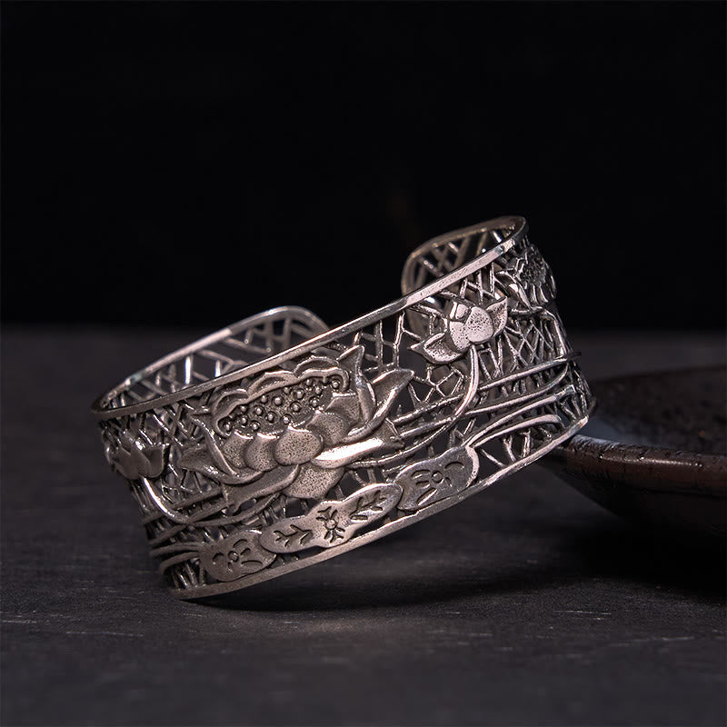 Wear FengShui Hollow Lotus Silver Plated Copper Healing Enlightenment Bracelet Bangle