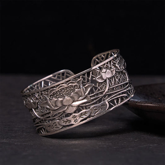 Wear FengShui Hollow Lotus Silver Plated Copper Healing Enlightenment Bracelet Bangle