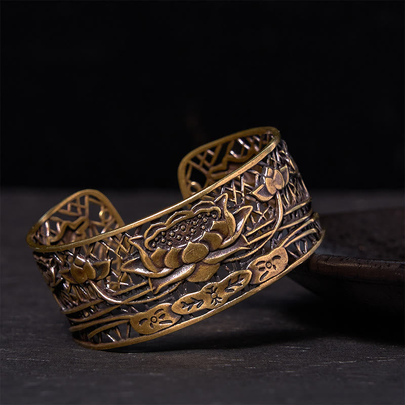 Wear FengShui Hollow Lotus Silver Plated Copper Healing Enlightenment Bracelet Bangle