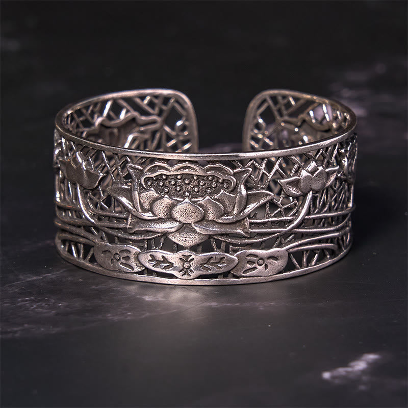 Wear FengShui Hollow Lotus Silver Plated Copper Healing Enlightenment Bracelet Bangle