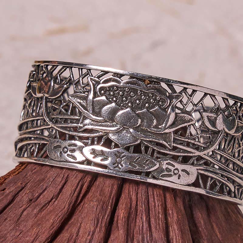 Wear FengShui Hollow Lotus Silver Plated Copper Healing Enlightenment Bracelet Bangle