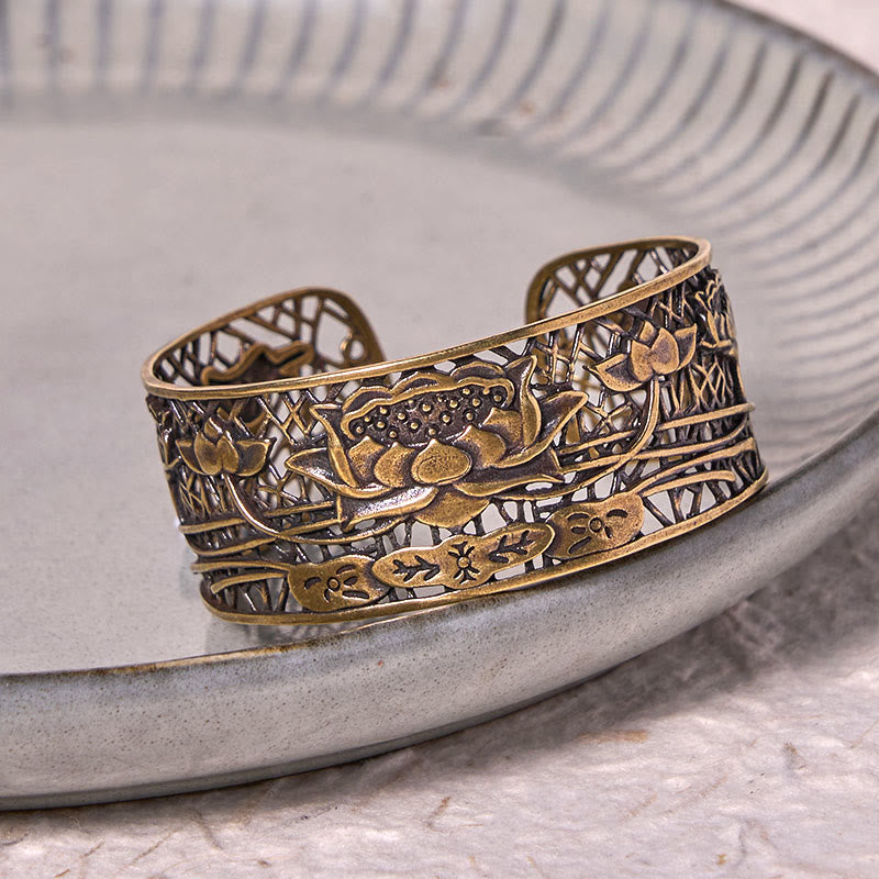 Wear FengShui Hollow Lotus Silver Plated Copper Healing Enlightenment Bracelet Bangle