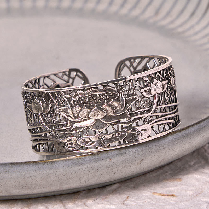 Wear FengShui Hollow Lotus Silver Plated Copper Healing Enlightenment Bracelet Bangle