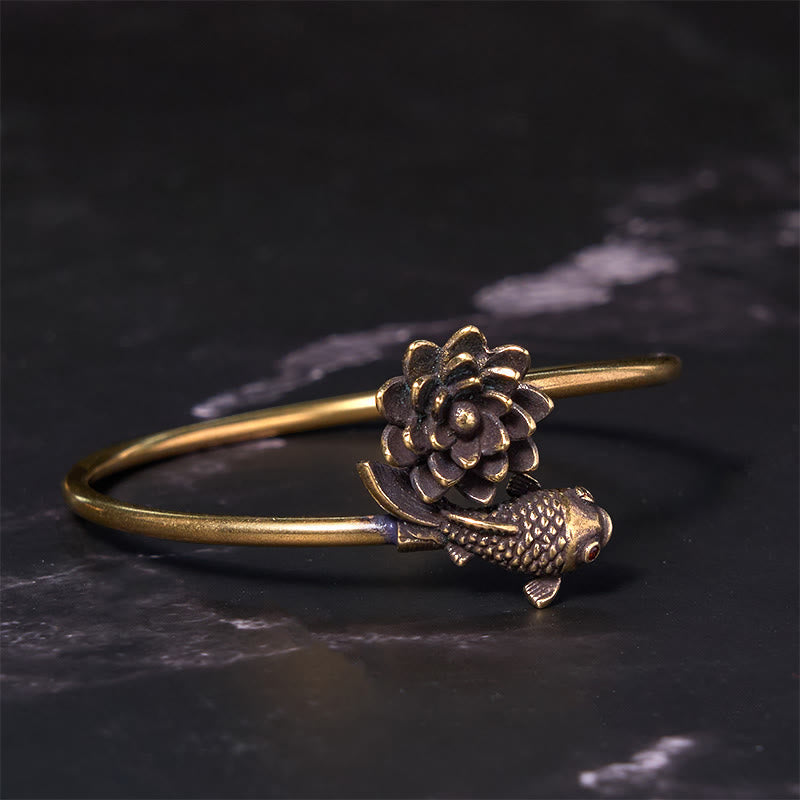 Wear FengShui Lotus Flower Koi Fish Copper Brass Enlightenment Luck Bracelet Bangle