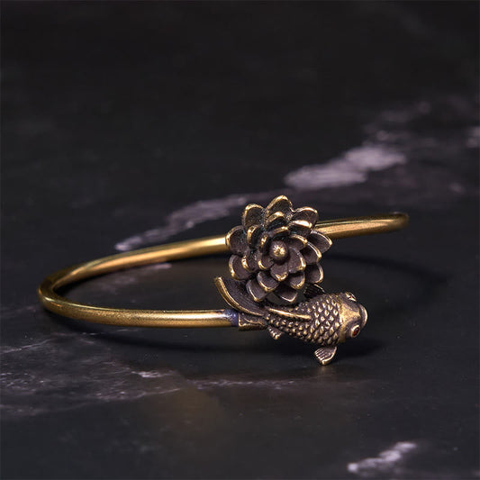 Wear FengShui Lotus Flower Koi Fish Copper Brass Enlightenment Luck Bracelet Bangle