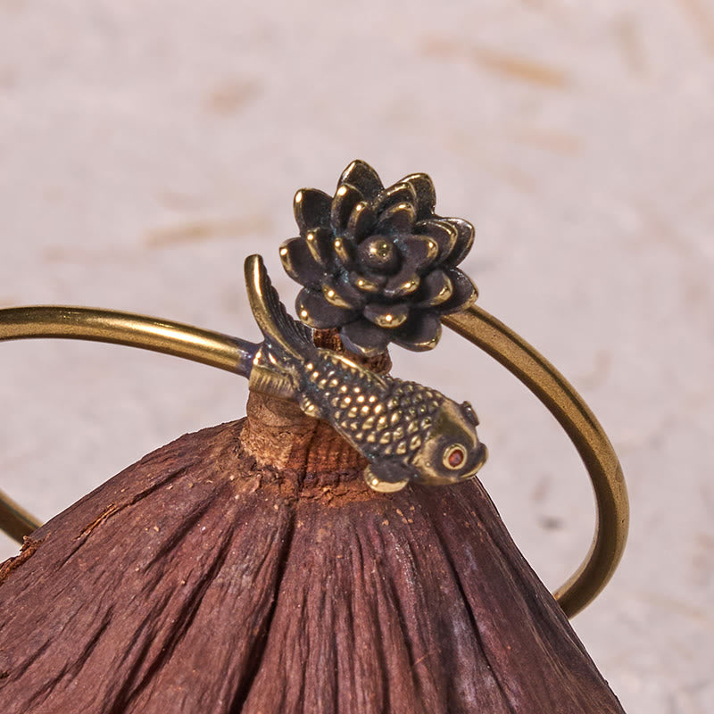 Wear FengShui Lotus Flower Koi Fish Copper Brass Enlightenment Luck Bracelet Bangle