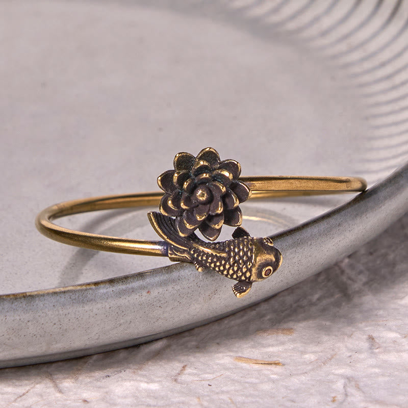 Wear FengShui Lotus Flower Koi Fish Copper Brass Enlightenment Luck Bracelet Bangle