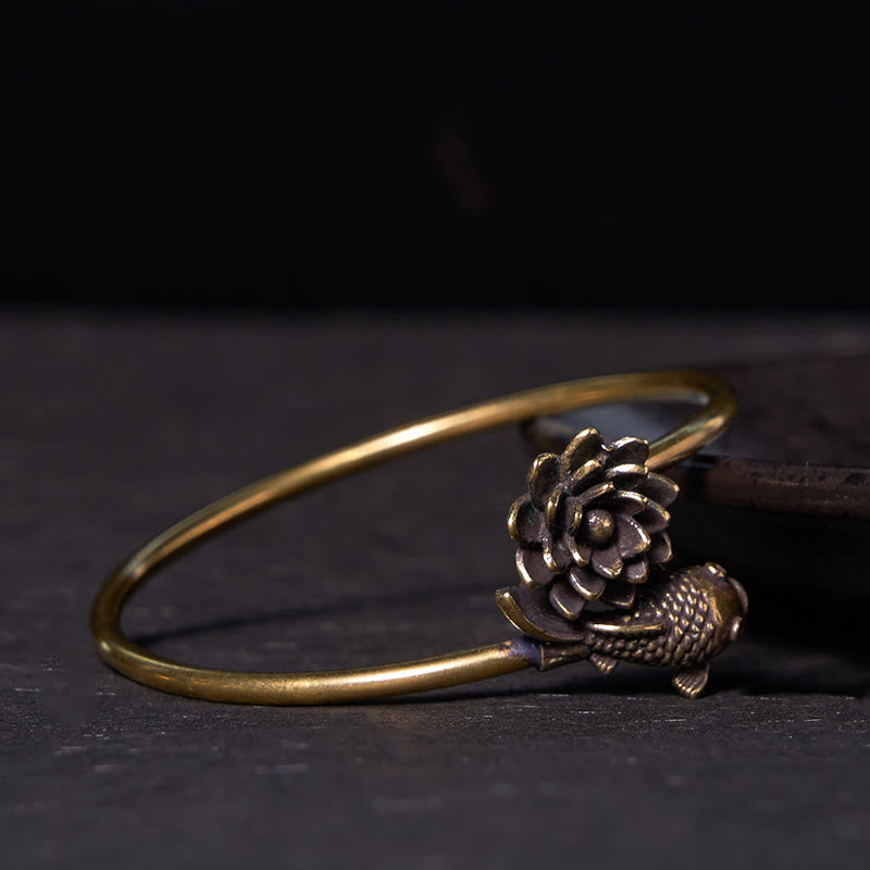 Wear FengShui Lotus Flower Koi Fish Copper Brass Enlightenment Luck Bracelet Bangle