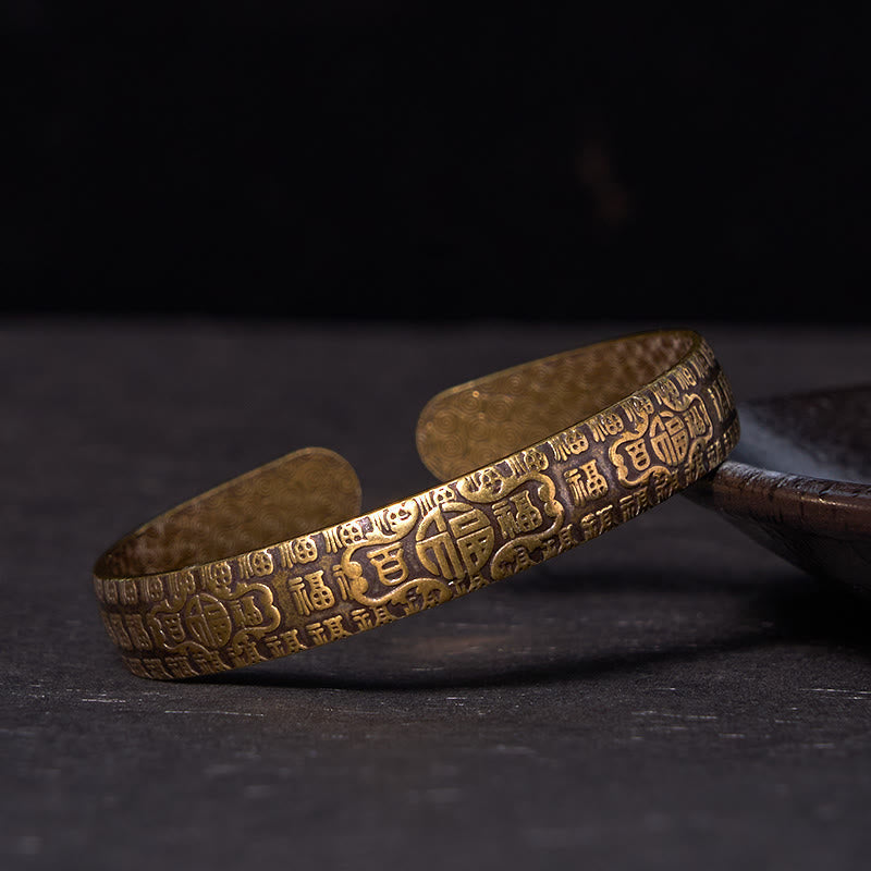 Wear FengShui Hundred Blessings Fu Character Copper Brass Luck Bracelet Bangle