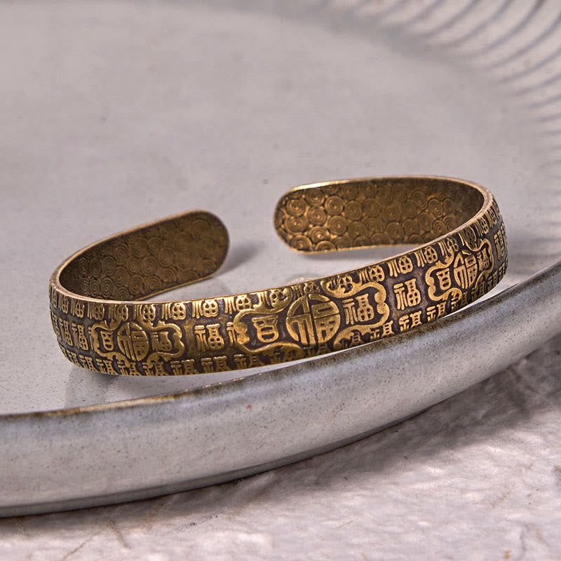 Wear FengShui Hundred Blessings Fu Character Copper Brass Luck Bracelet Bangle