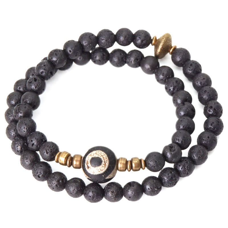 Wear FengShui Vintage Lava Rock Three-eyed Dzi Bead Copper Brass Beads Double Wrap Healing Bracelet