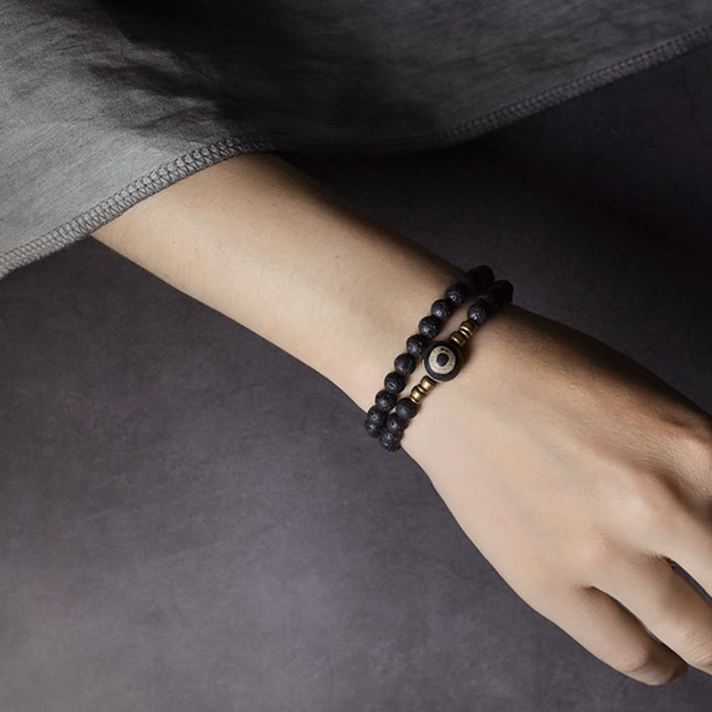 Wear FengShui Vintage Lava Rock Three-eyed Dzi Bead Copper Brass Beads Double Wrap Healing Bracelet