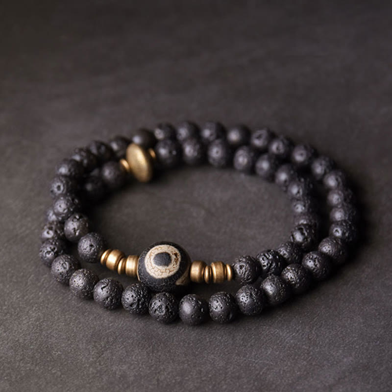 Wear FengShui Vintage Lava Rock Three-eyed Dzi Bead Copper Brass Beads Double Wrap Healing Bracelet