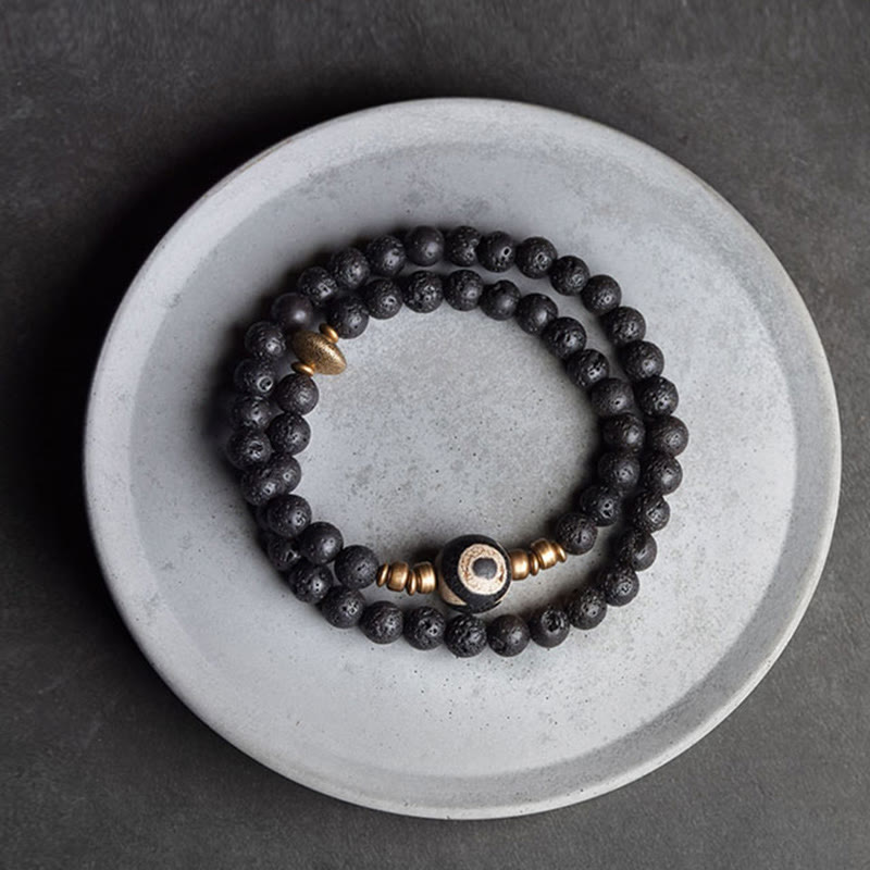 Wear FengShui Vintage Lava Rock Three-eyed Dzi Bead Copper Brass Beads Double Wrap Healing Bracelet