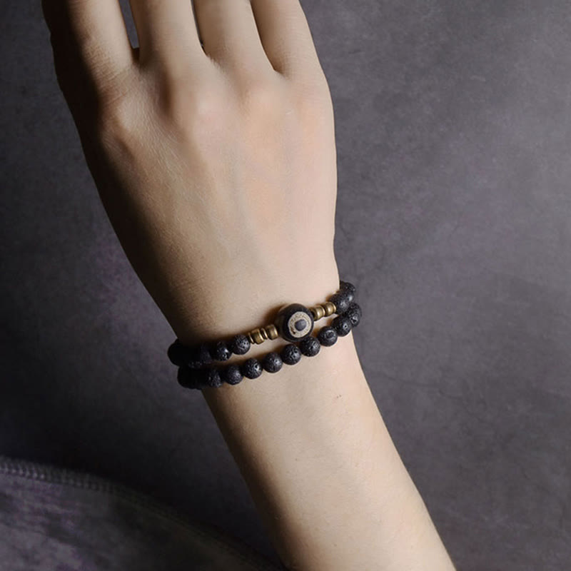Wear FengShui Vintage Lava Rock Three-eyed Dzi Bead Copper Brass Beads Double Wrap Healing Bracelet