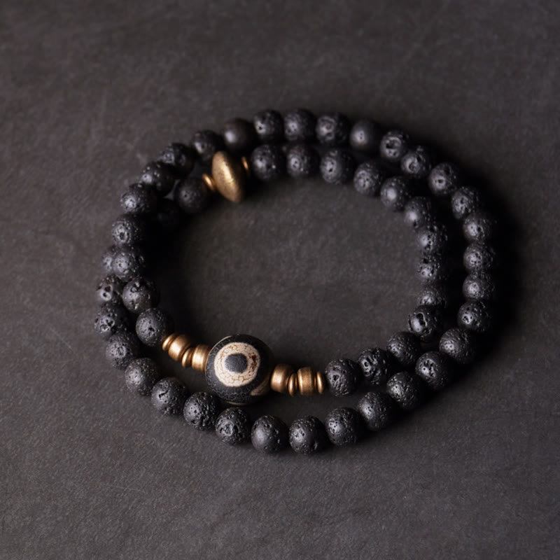 Wear FengShui Vintage Lava Rock Three-eyed Dzi Bead Copper Brass Beads Double Wrap Healing Bracelet