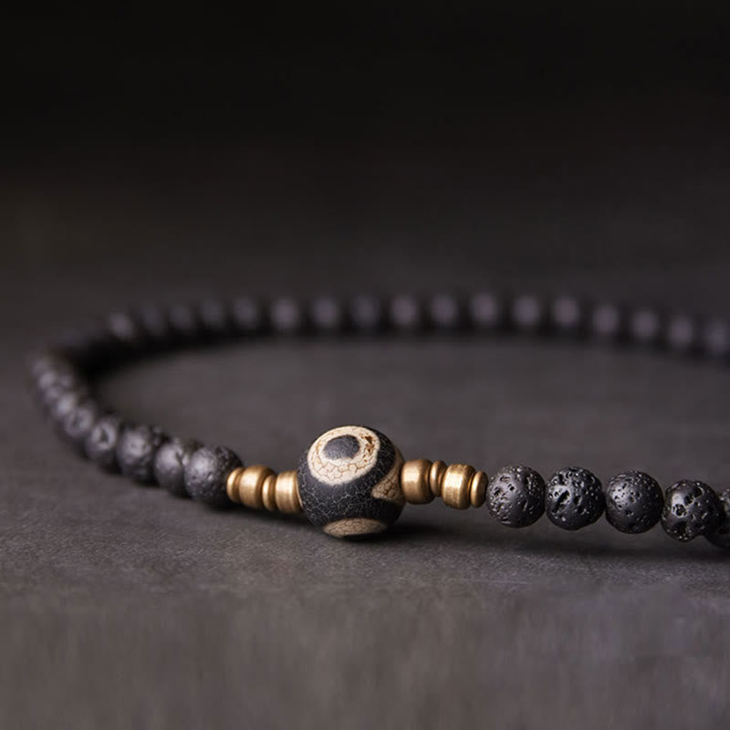 Wear FengShui Vintage Lava Rock Three-eyed Dzi Bead Copper Brass Beads Double Wrap Healing Bracelet