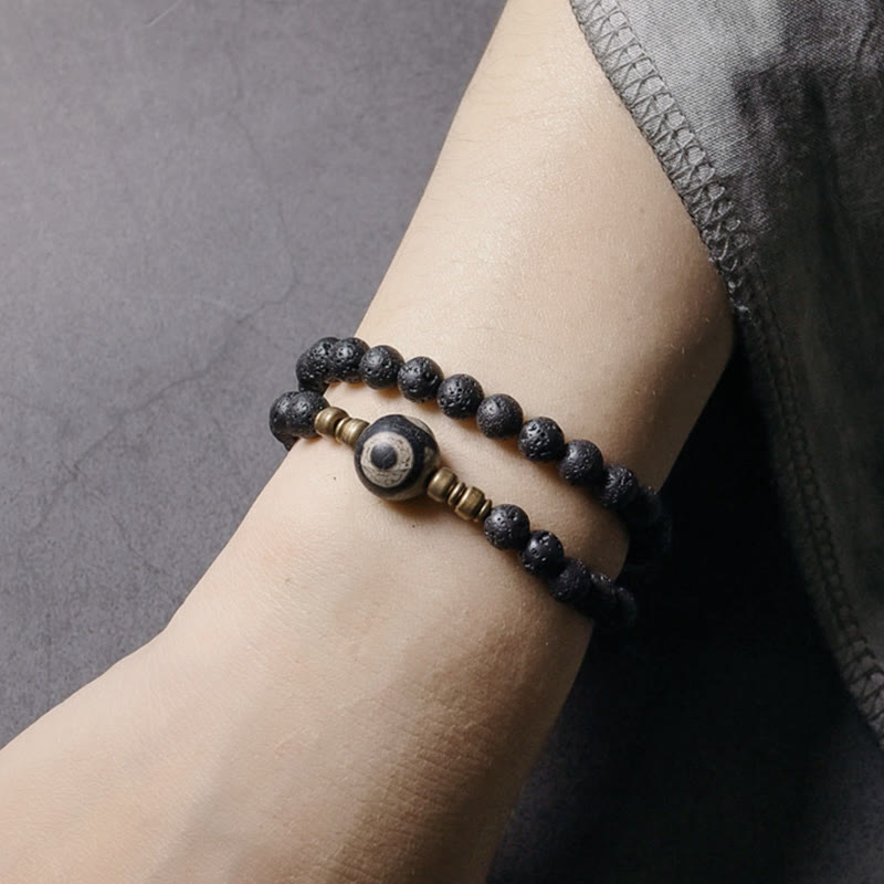 Wear FengShui Vintage Lava Rock Three-eyed Dzi Bead Copper Brass Beads Double Wrap Healing Bracelet