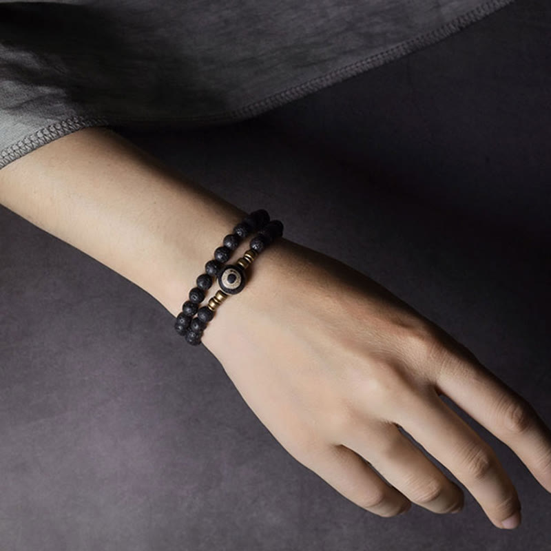 Wear FengShui Vintage Lava Rock Three-eyed Dzi Bead Copper Brass Beads Double Wrap Healing Bracelet