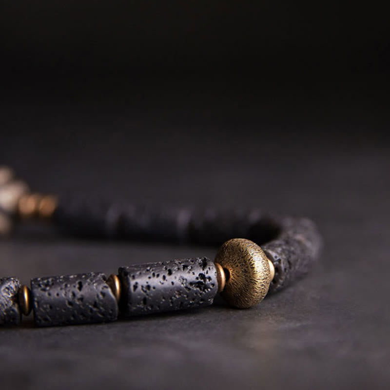 Wear FengShui Vintage Lava Rock Three-eyed Dzi Bead Copper Brass Multi-turn Wrap Calm Bracelet