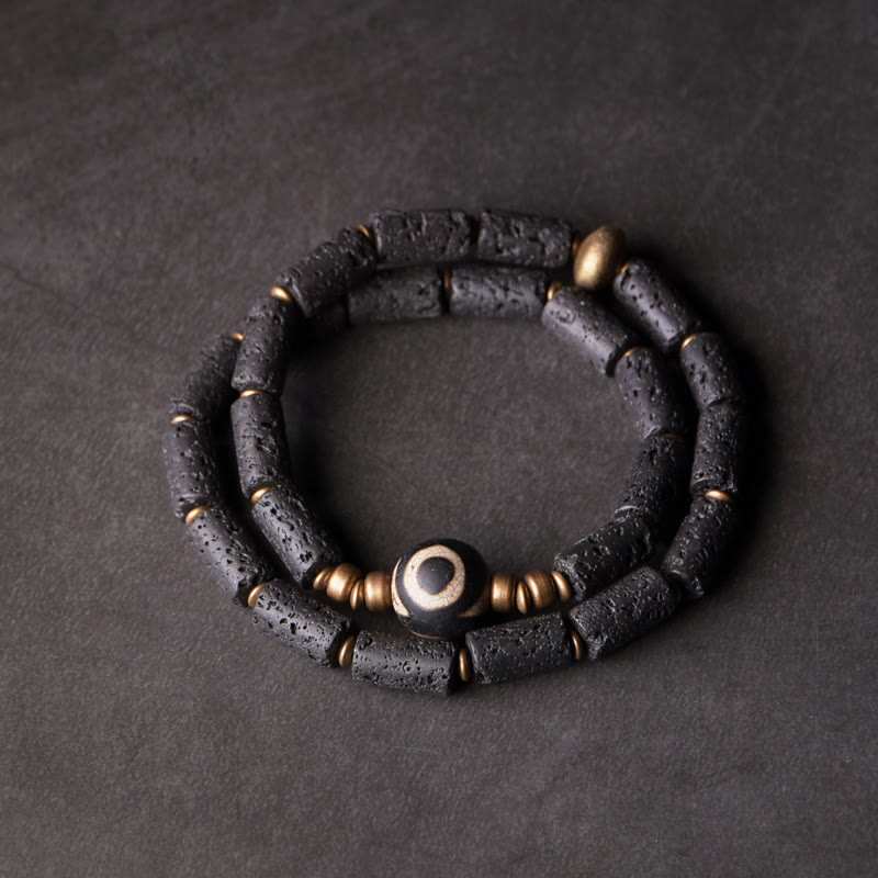 Wear FengShui Vintage Lava Rock Three-eyed Dzi Bead Copper Brass Multi-turn Wrap Calm Bracelet
