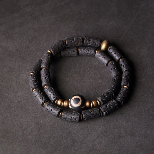 Wear FengShui Vintage Lava Rock Three-eyed Dzi Bead Copper Brass Multi-turn Wrap Calm Bracelet