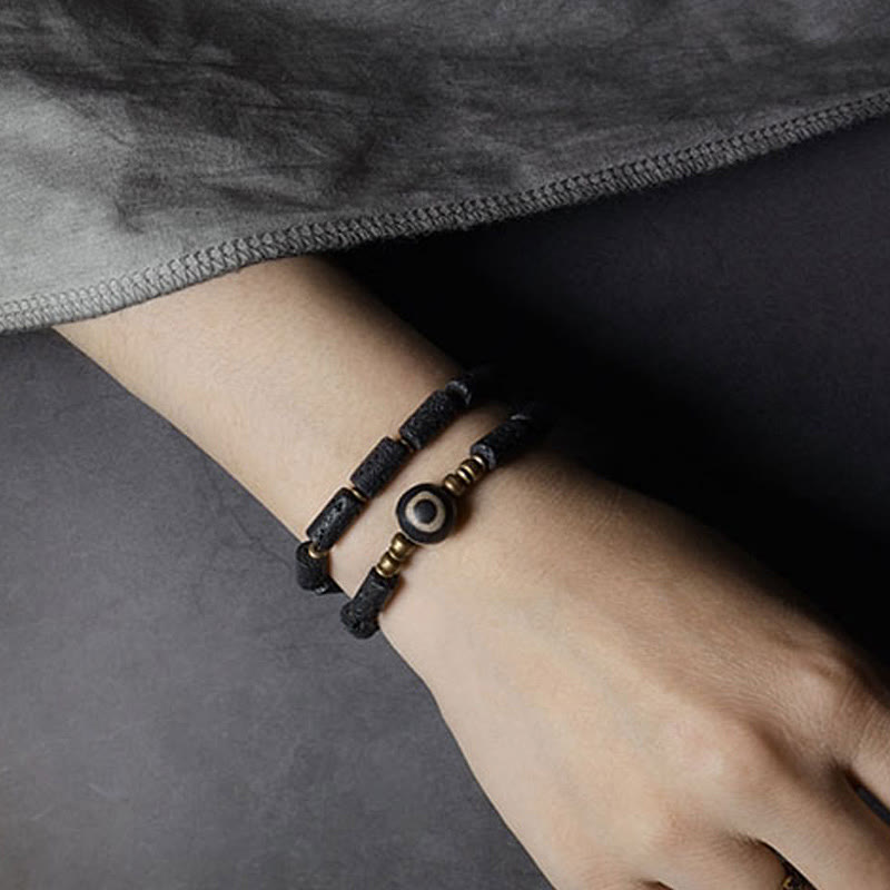 Wear FengShui Vintage Lava Rock Three-eyed Dzi Bead Copper Brass Multi-turn Wrap Calm Bracelet