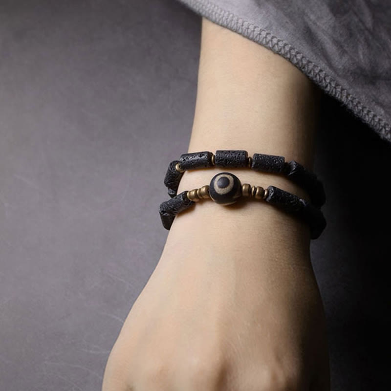 Wear FengShui Vintage Lava Rock Three-eyed Dzi Bead Copper Brass Multi-turn Wrap Calm Bracelet