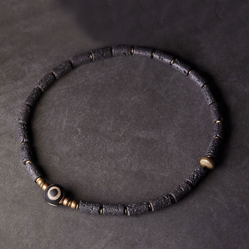 Wear FengShui Vintage Lava Rock Three-eyed Dzi Bead Copper Brass Multi-turn Wrap Calm Bracelet