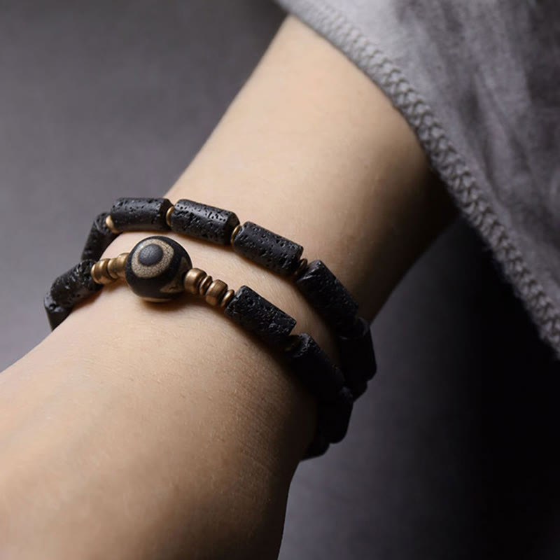 Wear FengShui Vintage Lava Rock Three-eyed Dzi Bead Copper Brass Multi-turn Wrap Calm Bracelet