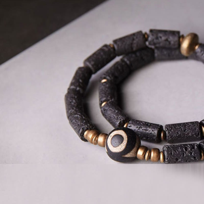 Wear FengShui Vintage Lava Rock Three-eyed Dzi Bead Copper Brass Multi-turn Wrap Calm Bracelet