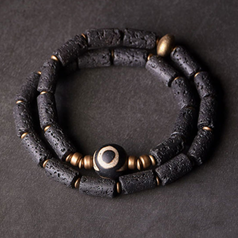 Wear FengShui Vintage Lava Rock Three-eyed Dzi Bead Copper Brass Multi-turn Wrap Calm Bracelet