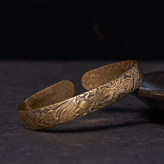 Wear FengShui Dragon And Phoenix Playing With A Pearl Carved Copper Brass Luck Protection Bracelet Bangle