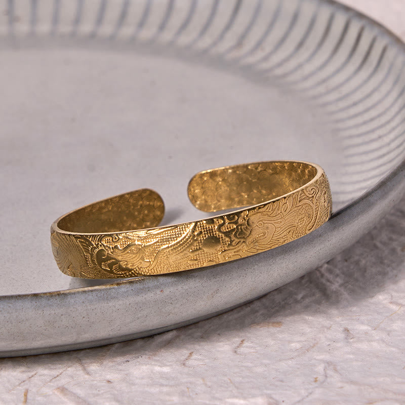 Wear FengShui Dragon And Phoenix Playing With A Pearl Carved Copper Brass Luck Protection Bracelet Bangle