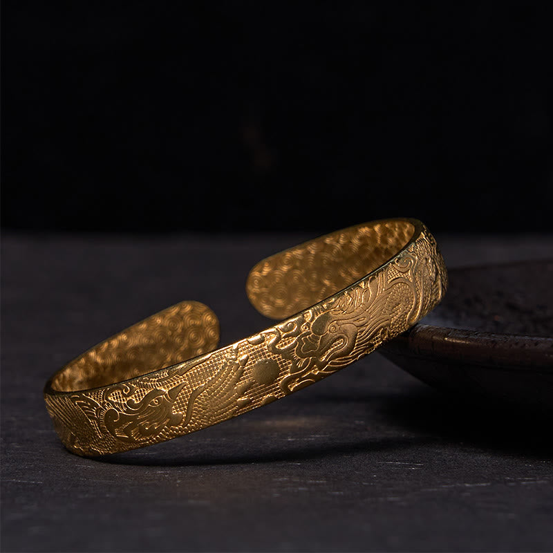Wear FengShui Dragon And Phoenix Playing With A Pearl Carved Copper Brass Luck Protection Bracelet Bangle