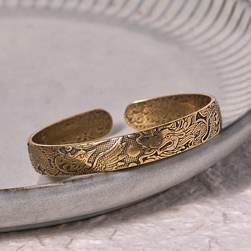 Wear FengShui Dragon And Phoenix Playing With A Pearl Carved Copper Brass Luck Protection Bracelet Bangle