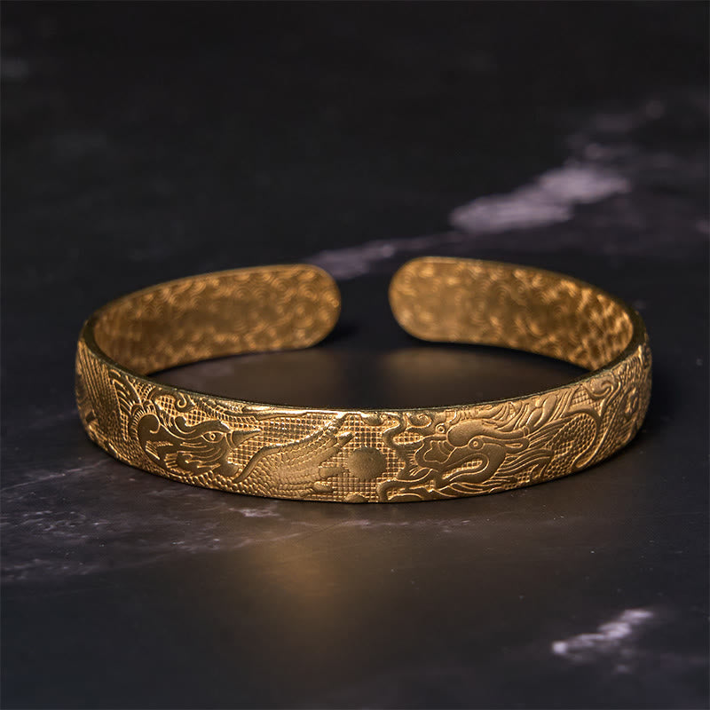 Wear FengShui Dragon And Phoenix Playing With A Pearl Carved Copper Brass Luck Protection Bracelet Bangle